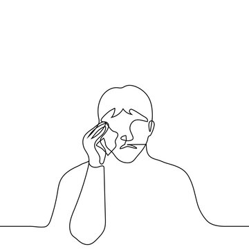 Man Crying And Wiping His Tears With A Handkerchief - One Line Drawing Vector. Concept Of Sobbing Alone, Mourning Grief