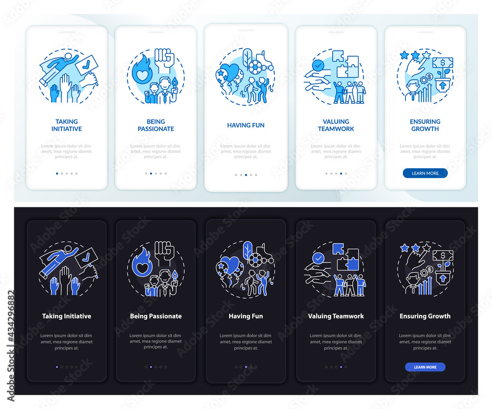 Aufkleber main business morals onboarding mobile app page screen with concepts. having fun walkthrough 5 steps