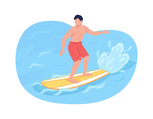 Surfing 2D vector web banner, poster. Surfer flat character on cartoon background. Beach vacation. Extreme water sport. Summer leisure activity printable patch, colorful web element