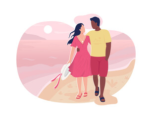 Boyfriend and girlfriend walk in beach 2D vector web banner, poster. Interracial couple on vacation flat characters on cartoon background. Ocean resort printable patch, colorful web element