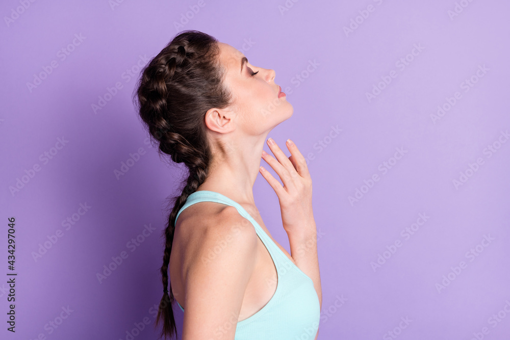 Sticker Profile photo of nice brown hair lady touch neck wear blue top isolated on pastel purple color background