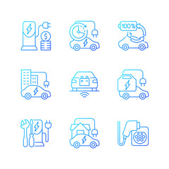 Electric vehicle charging gradient linear vector icons set. Places where you can fill up battery of electromobile. Thin line contour symbols bundle. Isolated vector outline illustrations collection