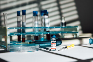 Laboratory table with holder for test tubes, vial with vaccine for COVID-19, syringe, pipette and...