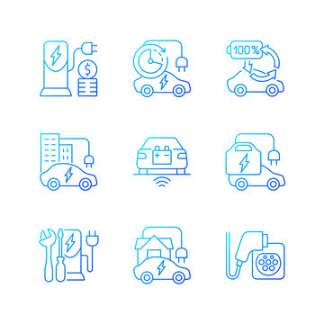 Electric vehicle charging gradient linear vector icons set. Places where you can fill up battery of electromobile. Thin line contour symbols bundle. Isolated vector outline illustrations collection