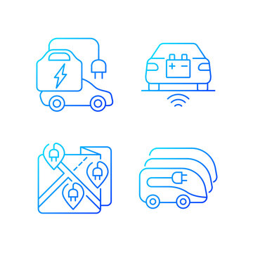Electric vehicle charging gradient linear vector icons set. Charging time of electromobiles. Thin line contour symbols bundle. Isolated vector outline illustrations collection
