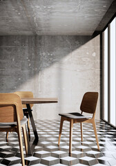 Retro and Loft style room interior design with wooden table and chair. The Rooms have gray concrete wall and pattern floor. 3D render background