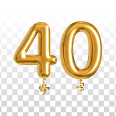 Vector realistic isolated golden balloon number of 40 for invitation decoration on the transparent background. - obrazy, fototapety, plakaty
