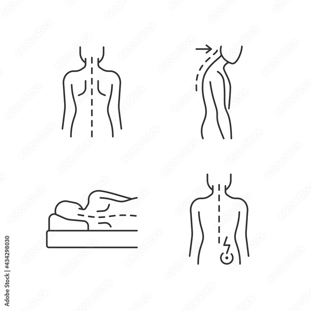 Poster poor posture problems linear icons set. normal spine. slouching. side-lying sleeping position. custo