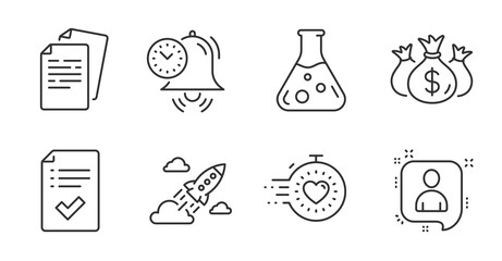 Chemistry lab, Approved checklist and Documents line icons set. Timer, Time management and Developers chat signs. Check investment, Startup rocket symbols. Quality line icons. Vector