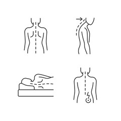 Poor posture problems linear icons set. Normal spine. Slouching. Side-lying sleeping position. Customizable thin line contour symbols. Isolated vector outline illustrations. Editable stroke