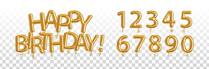 Vector realistic isolated golden balloon text of Happy Birthday with set of numbers on the transparent background. Concept of celebration and anniversary.