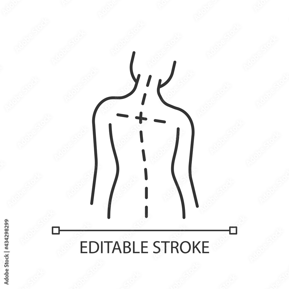 Poster uneven shoulders linear icon. postural change. difficulty walking. asymmetrical alignment. thin line