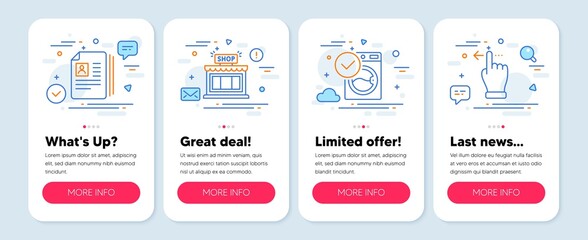 Set of Business icons, such as Cv documents, Shop, Washing machine symbols. Mobile screen mockup banners. Touchscreen gesture line icons. Portfolio files, Store, Laundry. Slide left. Vector