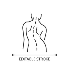 Scoliosis linear icon. Sideways curve. Uneven hips and shoulders. Pinched nerves. Thin line customizable illustration. Contour symbol. Vector isolated outline drawing. Editable stroke