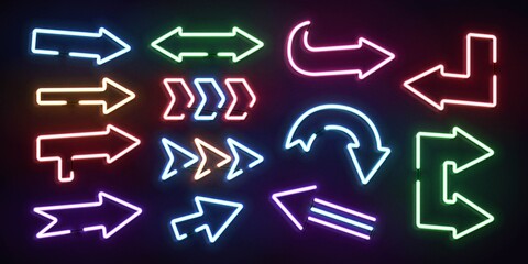 Vector set of realistic isolated neon sign of Arrow logo for decoration and template covering.