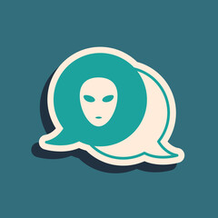 Green Alien icon isolated on green background. Extraterrestrial alien face or head symbol. Long shadow style. Vector