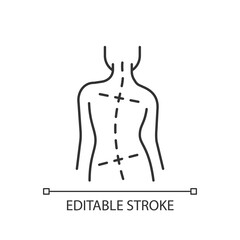 Uneven hips and shoulders linear icon. Abnormal curve in spine. Worsening scoliosis. Bad posture. Thin line customizable illustration. Contour symbol. Vector isolated outline drawing. Editable stroke