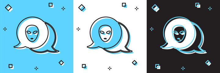 Set Alien icon isolated on blue and white, black background. Extraterrestrial alien face or head symbol. Vector