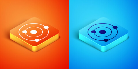 Isometric Solar system icon isolated on orange and blue background. The planets revolve around the star. Vector