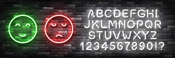 Vector realistic isolated neon sign of Rating faces logo with easy to change color alphabet font for invitation decoration and template covering on the wall background. Concept of feedback and review.