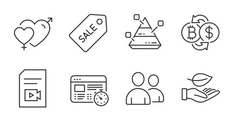 Pyramid chart, Users and Leaf line icons set. Sale ticket, Video file and Bitcoin exchange signs. Male female, Web timer symbols. Report analysis, Couple of people, Plant care. Business set. Vector