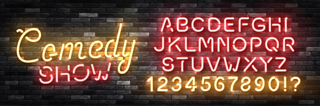Vector realistic isolated neon sign of Comedy Show logo with easy to change color alphabet font for template decoration on the wall background. Concept of stand up performance and humor.