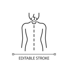 Neck pain linear icon. Nerve root compression. Cervical radiculitis. Pressure on spinal nerves. Thin line customizable illustration. Contour symbol. Vector isolated outline drawing. Editable stroke