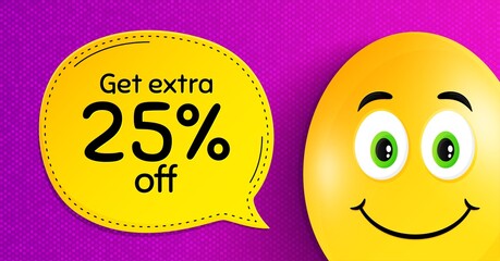 Get Extra 25 percent off Sale. Easter egg with smile face. Discount offer price sign. Special offer symbol. Save 25 percentages. Easter smile character. Extra discount speech bubble. Vector