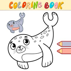 Coloring book or page for kids. Seal black and white