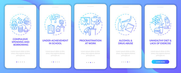 Major self-control problems navy onboarding mobile app page screen with concepts. Burnout walkthrough 5 steps graphic instructions. UI, UX, GUI vector template with linear color illustrations