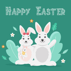 Obraz na płótnie Canvas Cute Bunnies Family Character With Flowers Leaves Green Background Happy Easter Concept