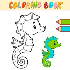 Coloring book or page for kids. Sea Horse black and white