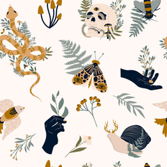Mystical seamless pattern with skull, snake, insect, people hand, plants, herbs, snail and bird. editable vector illustration.