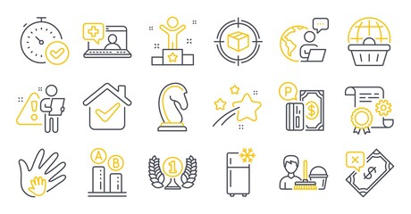 Set of Business icons, such as Online shopping, Parking payment, Social responsibility symbols. Winner, Fast verification , Medical help signs. Rejected payment, Refrigerator, Ab testing. Vector