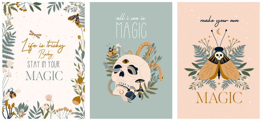 Mystical poster or cards collection with magic inspiration quote and mystical elements. Editable Vector Illustration.