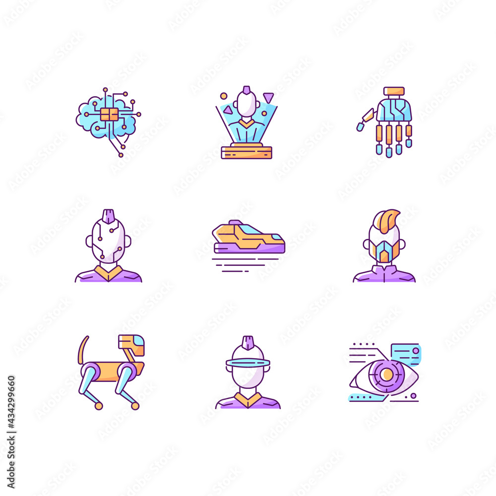 Poster cyberpunk attributes rgb color icons set. bionic limb. android with cybernetics. futuristic technolo
