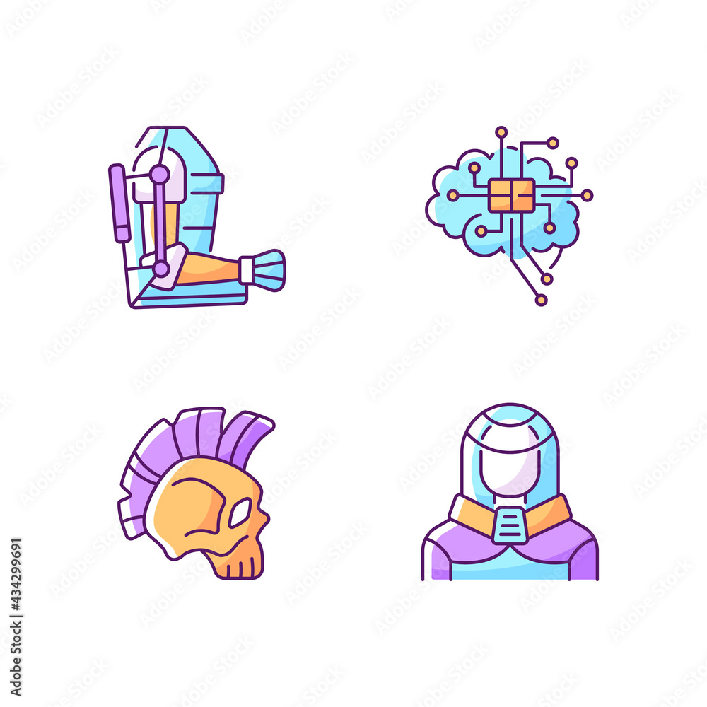 Aufkleber cyberpunk augmentations rgb color icons set. innovative exoskeleton. brain microcircuit. skull with 