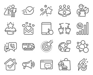 Business icons set. Included icon as 5g wifi, Hypoallergenic tested, Megaphone signs. Tablet pc, Targeting, 24h service symbols. Meeting, Integrity, Checkbox. Move gesture, Bus tour. Vector