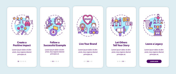 Fototapeta na wymiar Personal branding tips onboarding mobile app page screen with concepts. Reputation management walkthrough 5 steps graphic instructions. UI, UX, GUI vector template with linear color illustrations