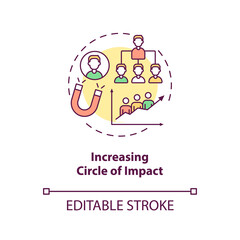 Increasing circle of impact concept icon. Social media marketing. Leadership and personal influence idea thin line illustration. Vector isolated outline RGB color drawing. Editable stroke