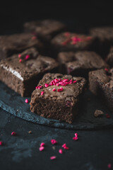 Tasty vegetarian brownie made from chocolate, cacao and raspberry. Delicious chocolate pie....
