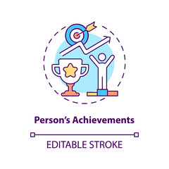 Person achievements concept icon. Professional success. Setting and reaching goal. Career promotion idea thin line illustration. Vector isolated outline RGB color drawing. Editable stroke