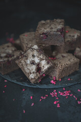 Tasty vegetarian brownie made from chocolate, cacao and raspberry. Delicious chocolate pie....