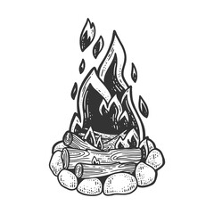 Bonfire sketch engraving vector illustration. T-shirt apparel print design. Scratch board imitation. Black and white hand drawn image.