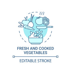 Fresh and cooked vegetables concept icon. Natural grown meals. Vegetarian snacks during school lunch idea thin line illustration. Vector isolated outline RGB color drawing. Editable stroke