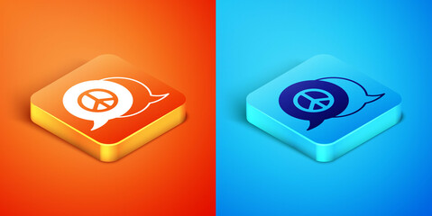Isometric Peace icon isolated on orange and blue background. Hippie symbol of peace. Vector