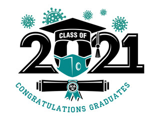 Quarantine graduation class of 2021. Concept for flyers, greeting card, prom invitations, T-shirt uniform emblems. Vector on transparent background