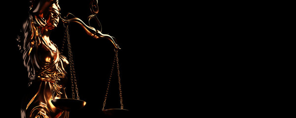 Law and order concept. Statue of Lady Justice with scales of justice with black background. Lawyer or judge concept. - obrazy, fototapety, plakaty