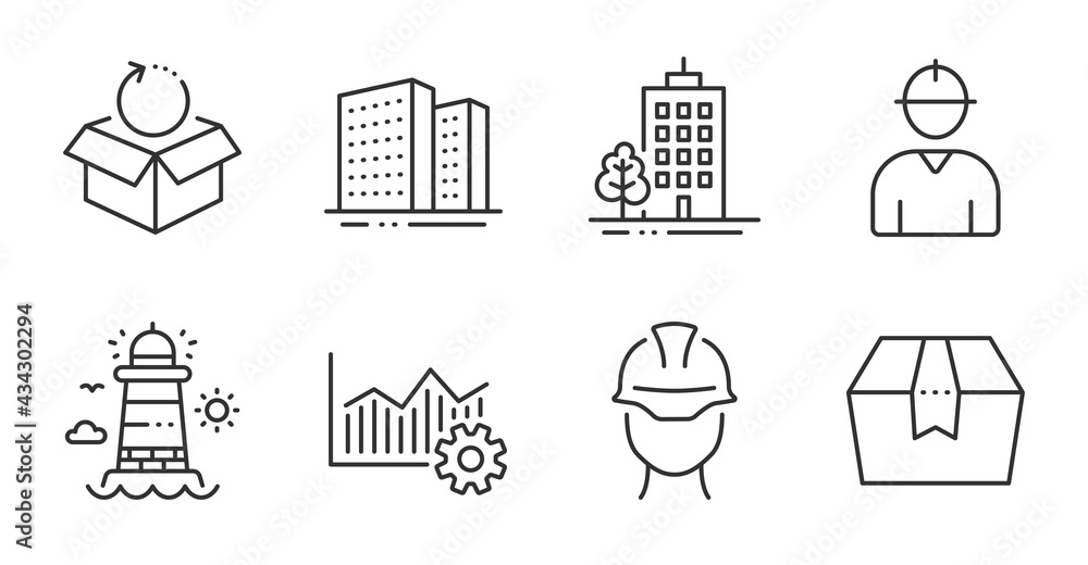 Poster lighthouse, buildings and skyscraper buildings line icons set. engineer, foreman and return package 