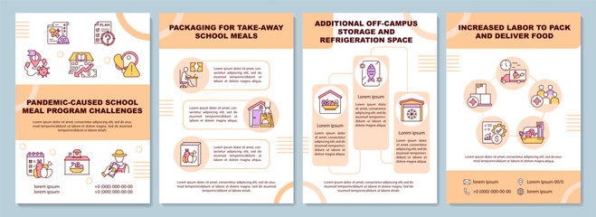 Pandemic caused school meal program challenges brochure template. Flyer, booklet, leaflet print, cover design with linear icons. Vector layouts for presentation, annual reports, advertisement pages